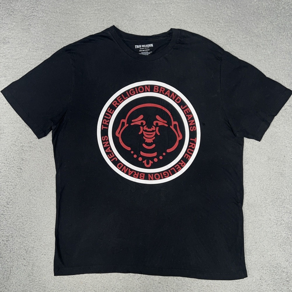 True Religion Brand Jeans Buddha Puff Face T Shirt Men Sz XL Black Crew Neck Tee